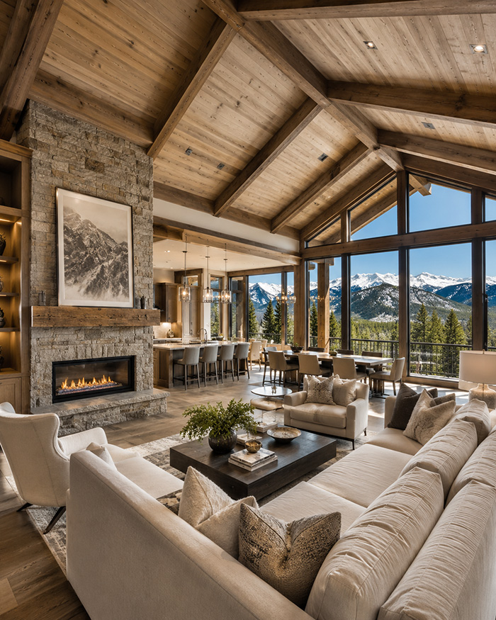 Great room with mountain views and stone fireplace Open concept mountain home great room with a stone fireplace, vaulted timber ceiling, and floor to ceiling windows framing snow capped peaks.