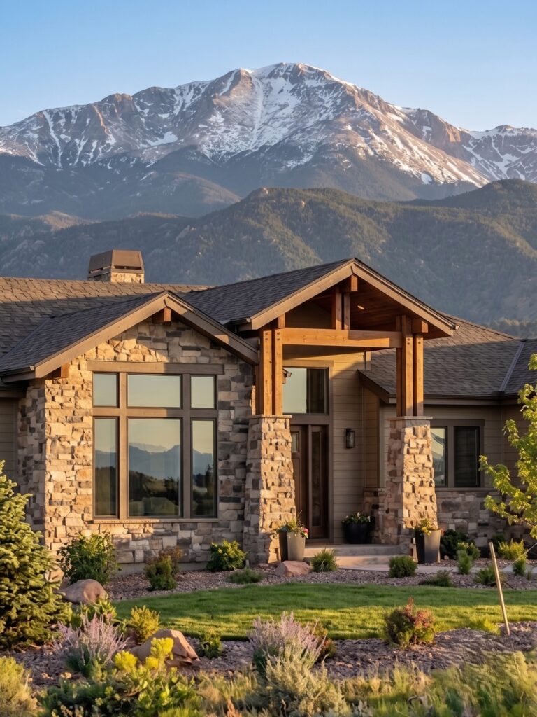 Stone and timber home with a covered entry below a snow-capped Colorado peak at golden hour